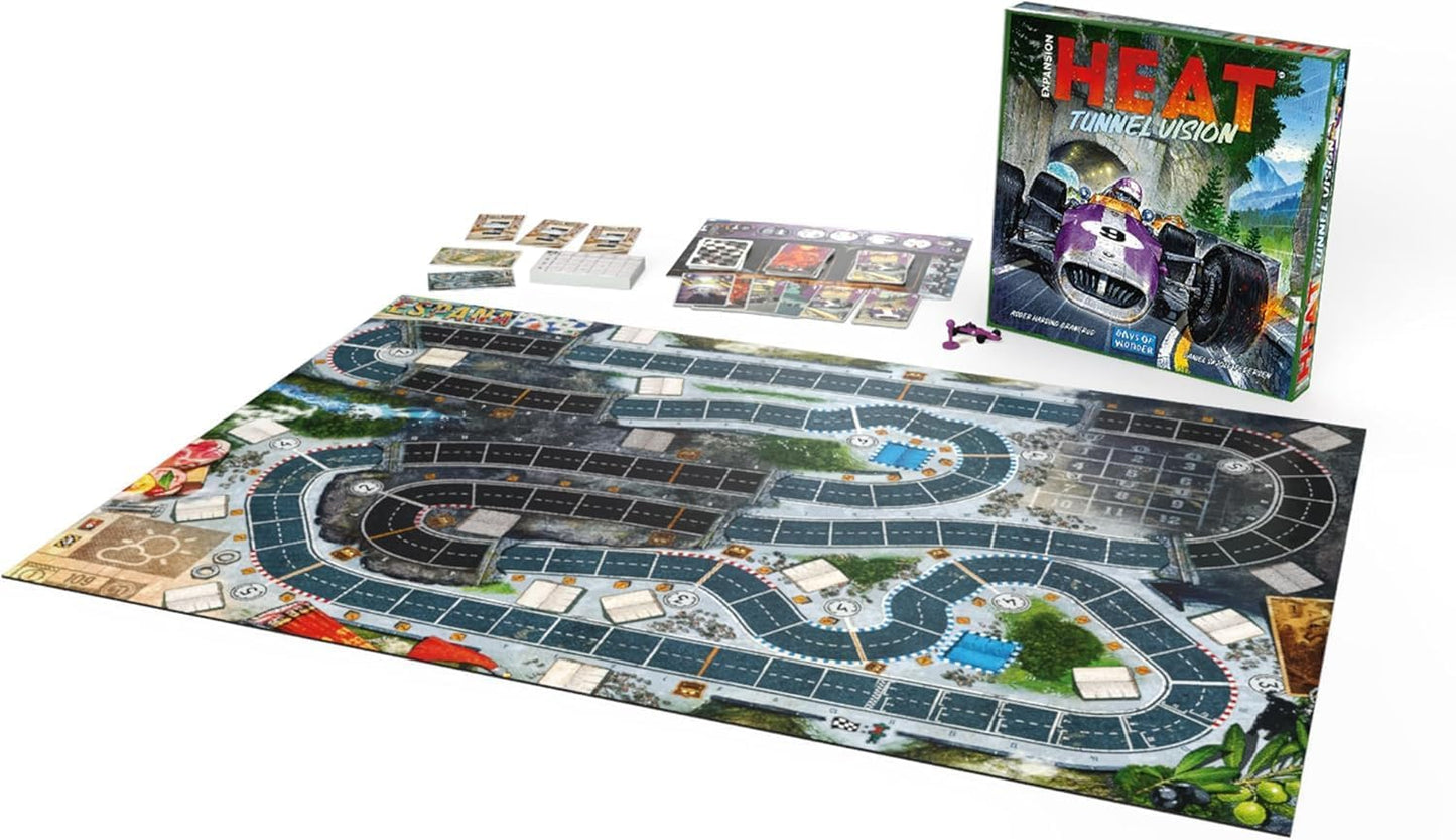 Board game 'HEAT Tunnel Vision' with track layout and components on a white background