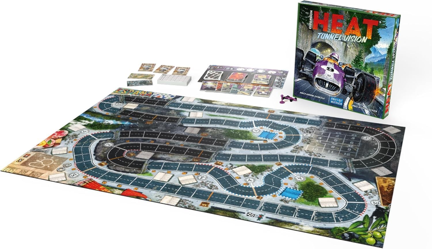 Board game 'HEAT Tunnel Vision' with track layout and components on a white background