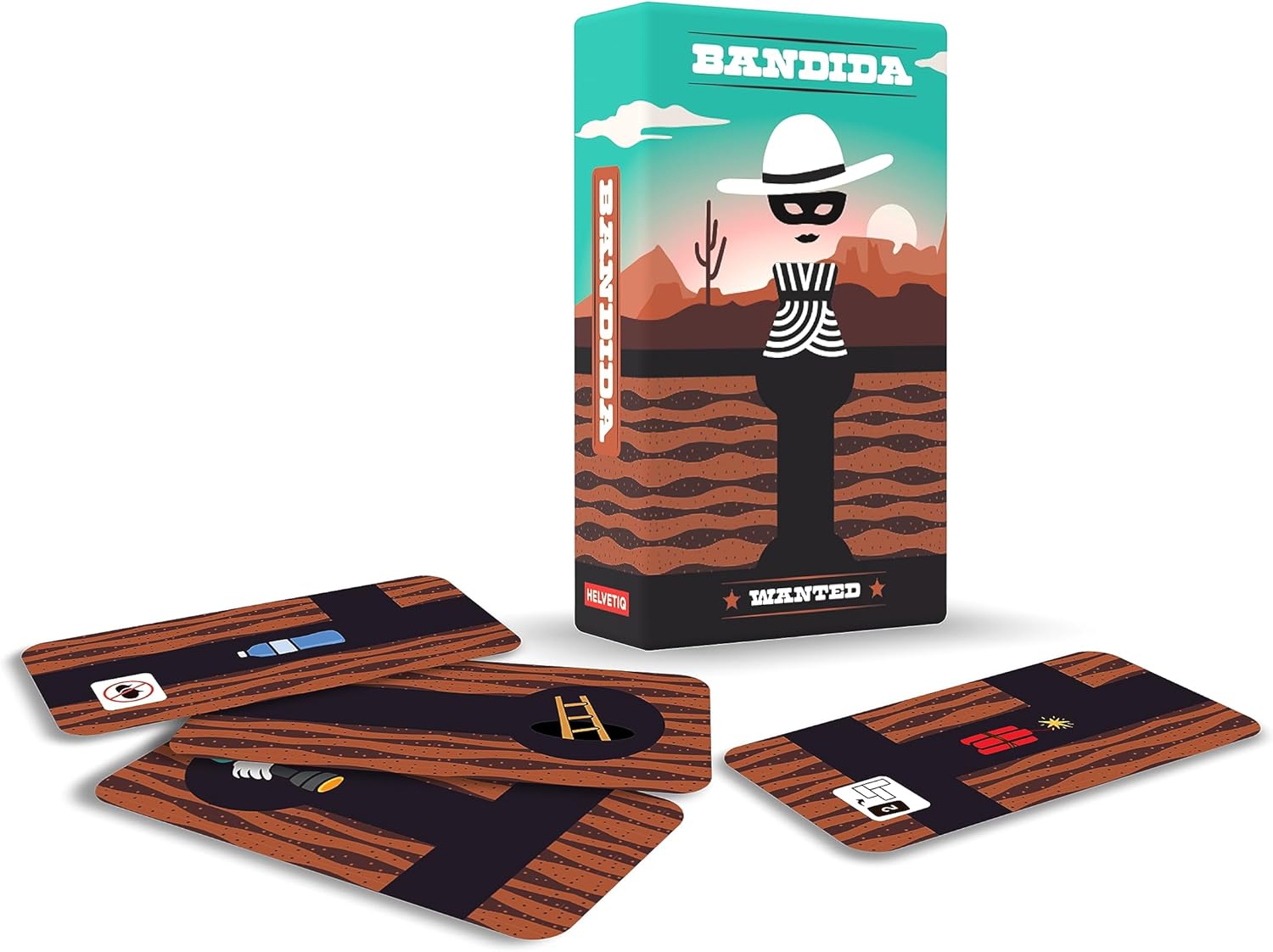 Bandida Card game packaging with cards featuring a masked figure and desert landscape design.