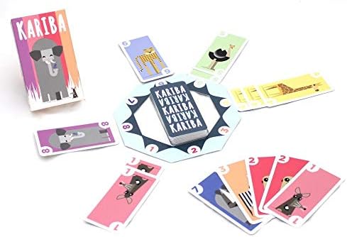 Set of colorful card game cards with 'Kariba' branding on a white background