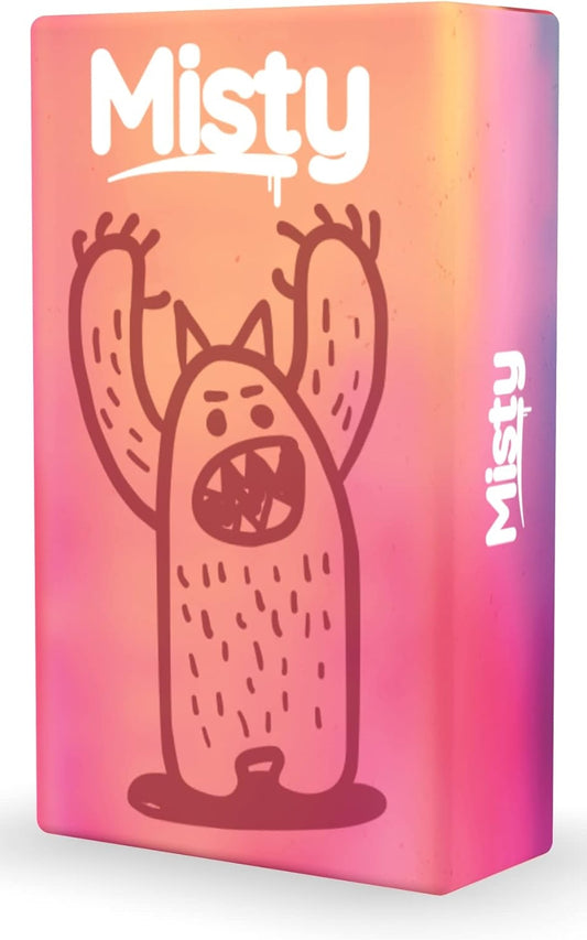 Misty brand product packaging with a cartoon character on a gradient pink to purple background