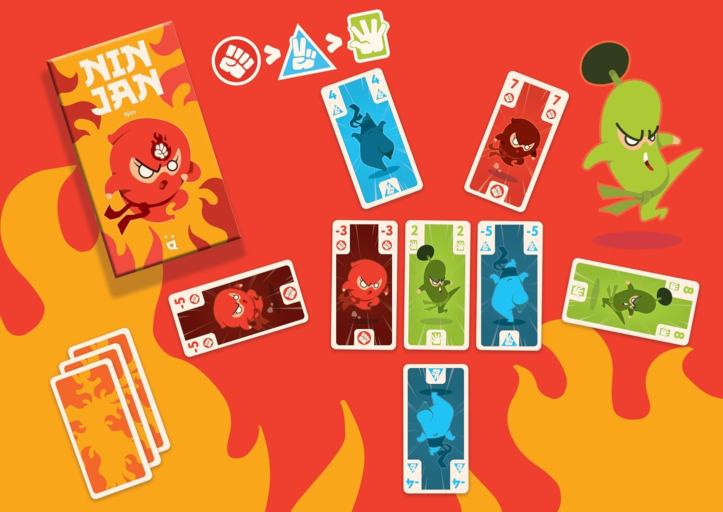 Card game set with colorful cards and game pieces on a red and orange background