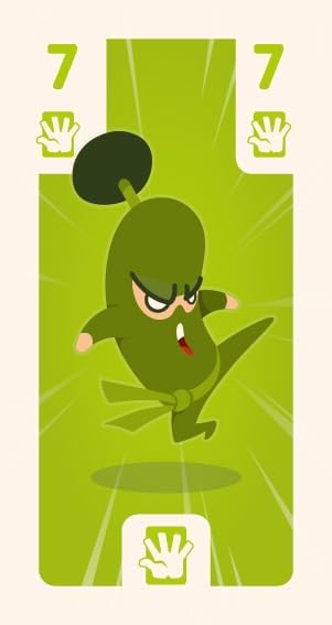 Card with a green character in a dynamic pose on a green background