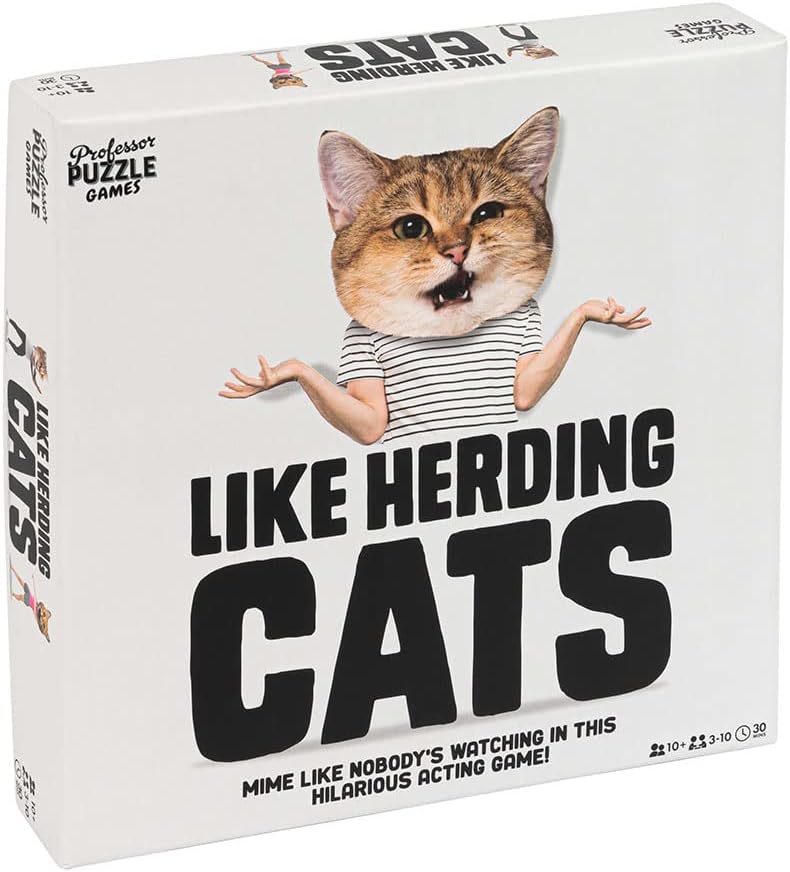 Board game box titled 'Like Herding Cats' with a cat illustration on a white background