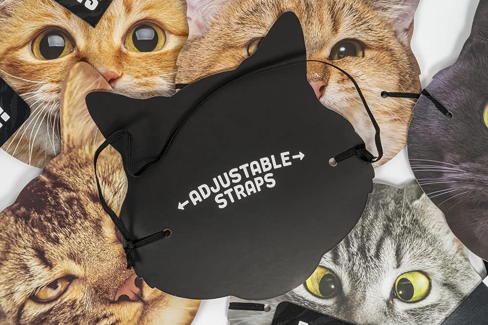 Black mask with 'Adjustable Straps' text on a background of cat faces