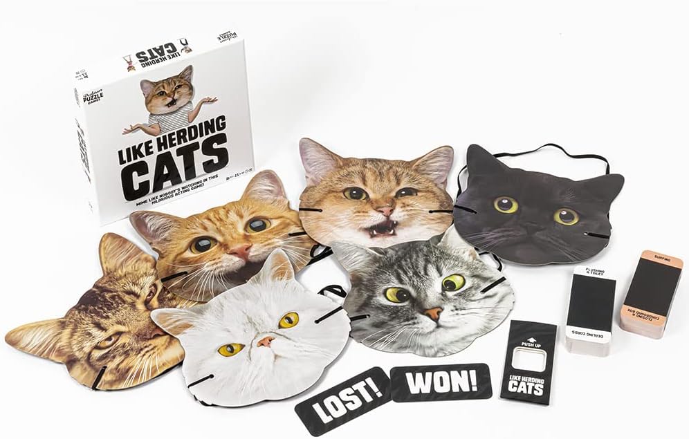 Collection of cat-themed products including masks and a game box on a white background