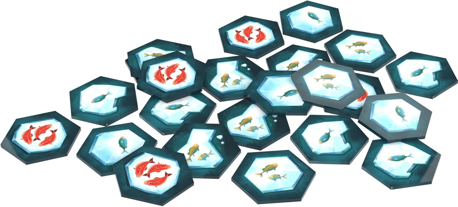 Hexagonal game pieces with fish illustrations on a white background