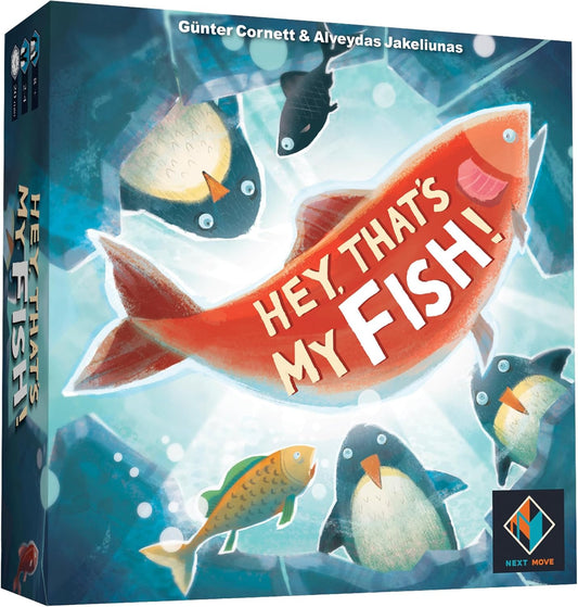 Board game box titled 'Hey, That's My Fish!' with fish and penguin illustrations on a blue underwater background.
