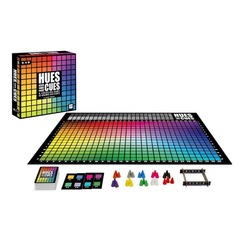 Hues and Cues colour matching game set with a colourful board, cards, and markers on a white background