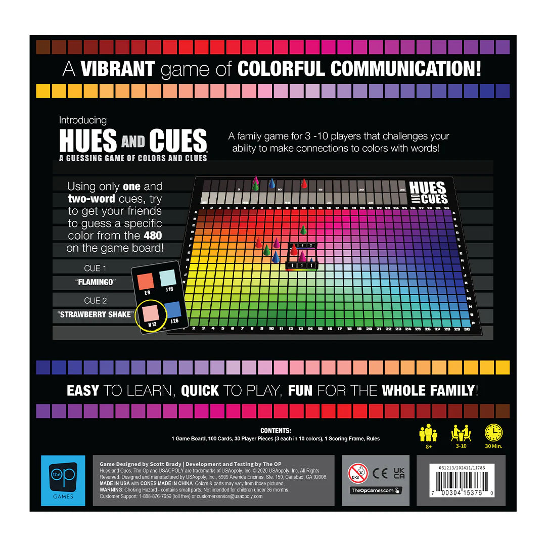 Back of a board game packaging for 'Hues and Cues' with colorful design and text.