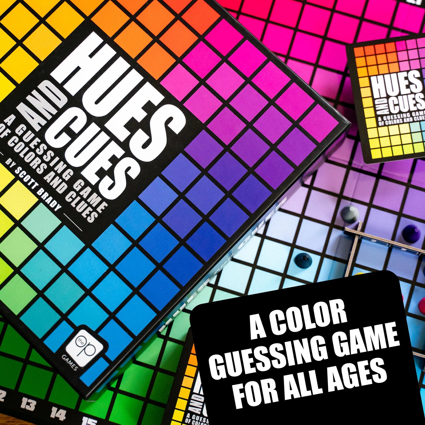 Colourful game boxes with 'Hues and Clues' text and colour swatches on a multicoloured background.