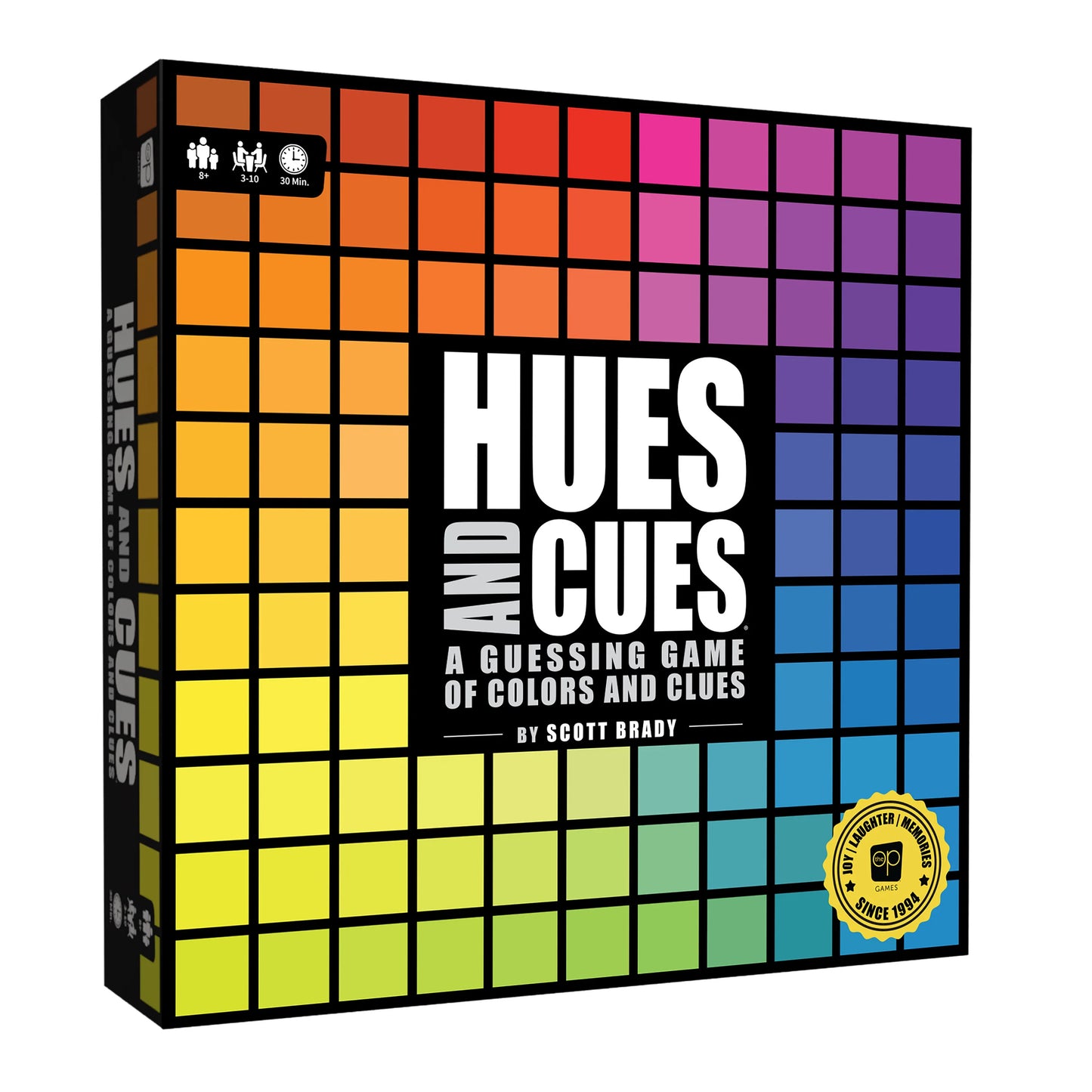 Board game box titled 'Hues and Cues' with colour swatches on a white background