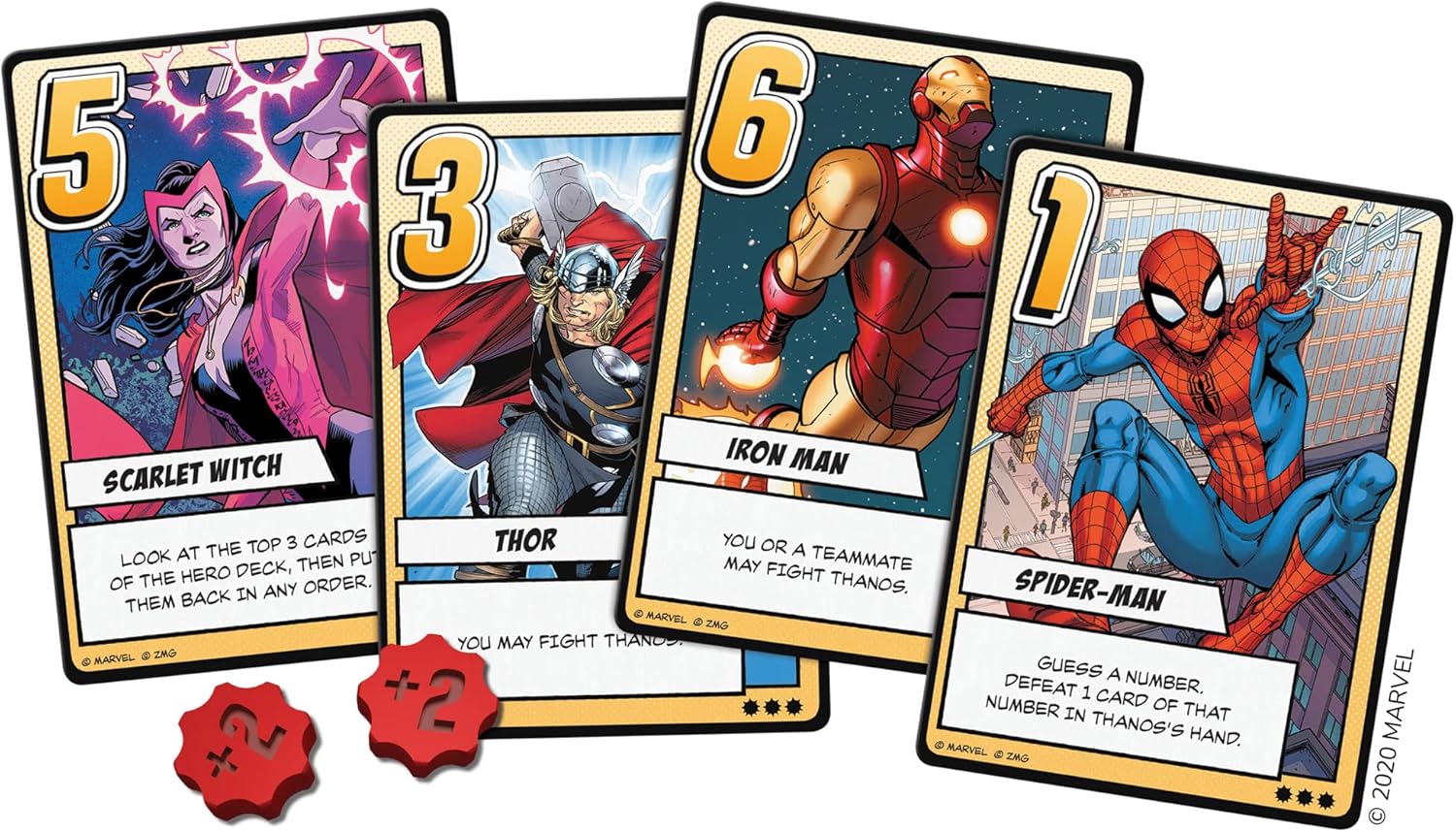 Four superhero trading cards featuring Scarlet Witch, Thor, Iron Man, and Spider-Man with red dice on a white background.