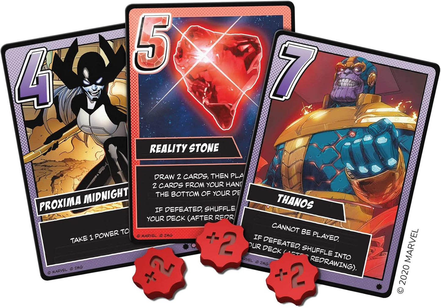 Three Marvel-themed cards featuring characters Proxima Midnight, Reality Stone, and Thanos with game text and symbols.