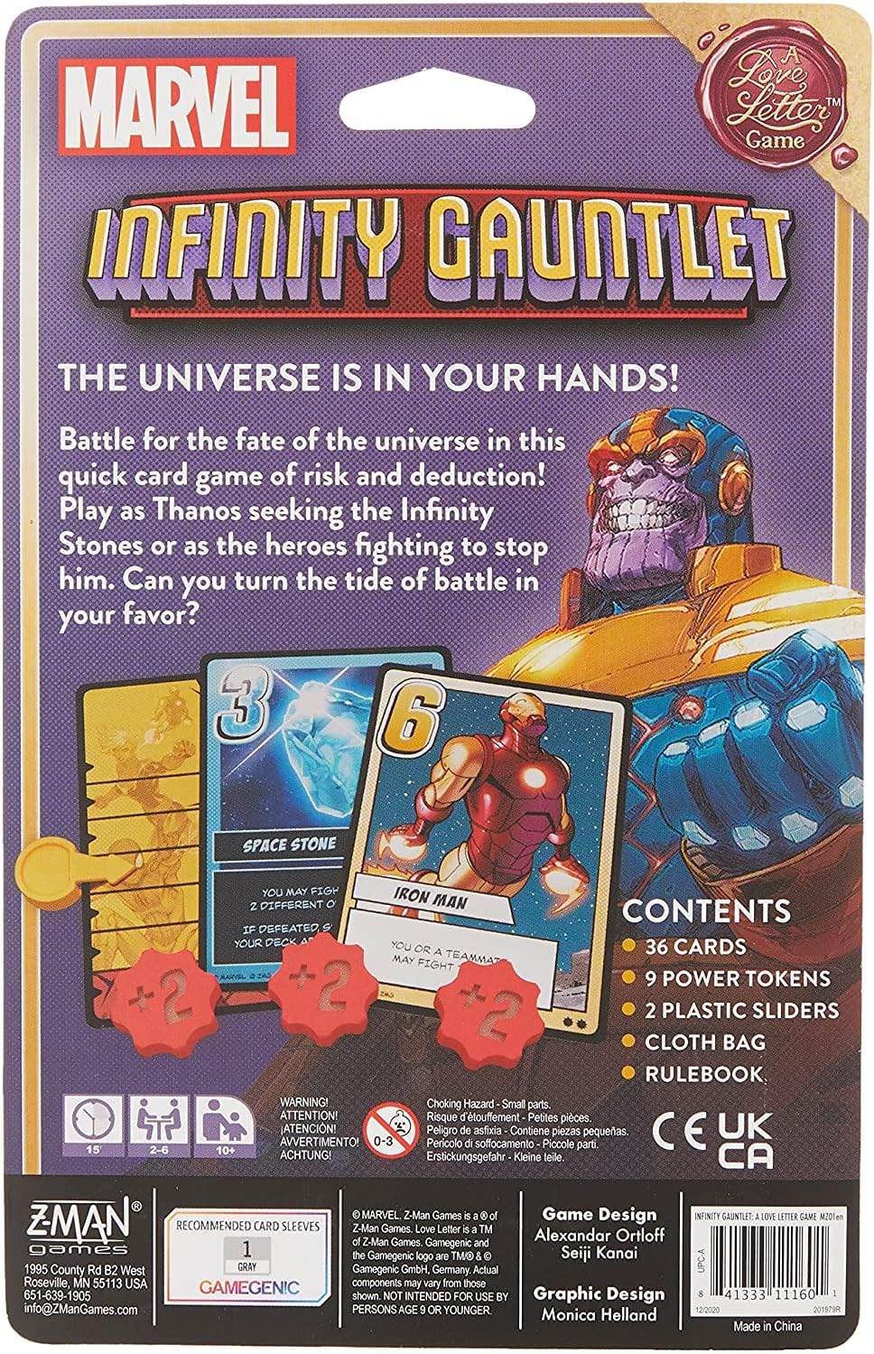 Marvel Infinity Gauntlet card game packaging with character illustration and game components.