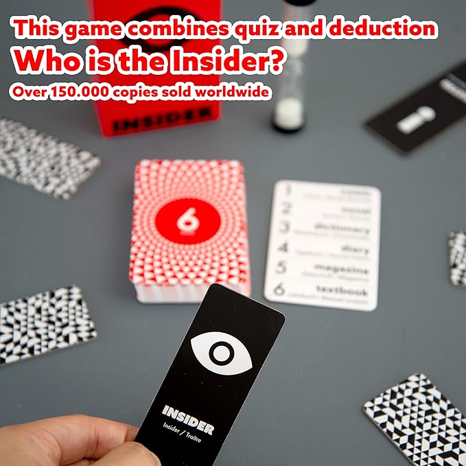 Game components including cards and a token on a gray surface with promotional text.