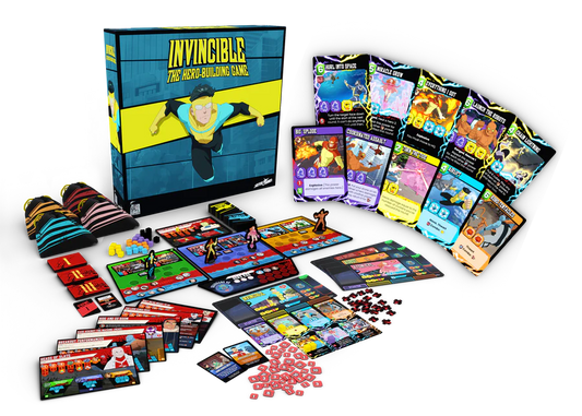 Board game set with 'Invincible' box and various game components on a white background