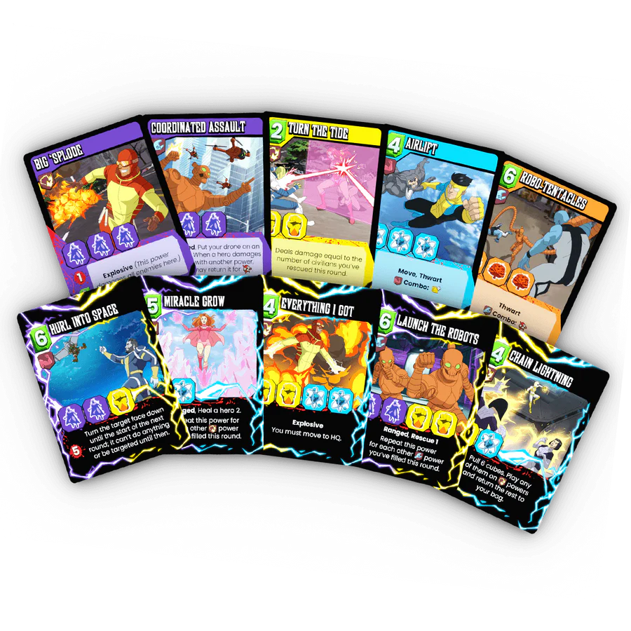 Collection of colourful game cards with various characters for Invincible: The Hero-Building Game and text on a white background
