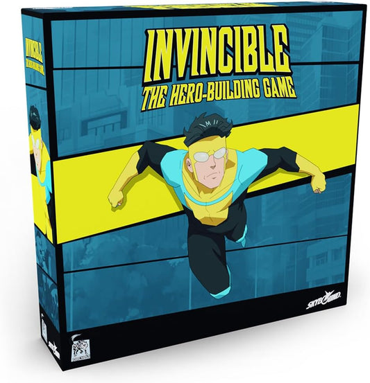Box of 'Invincible: The Hero-Building Game' with a superhero character on a blue and yellow background.