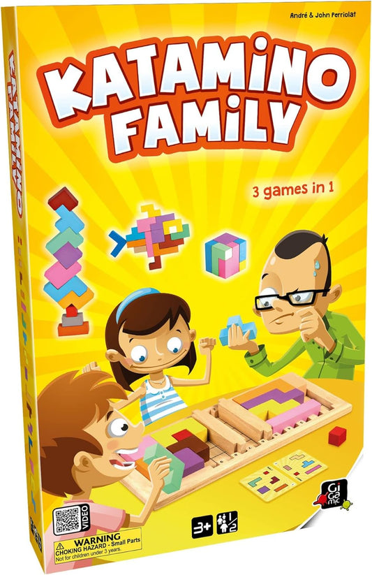 Katamino Family board game box with colourful graphics and text on a yellow background