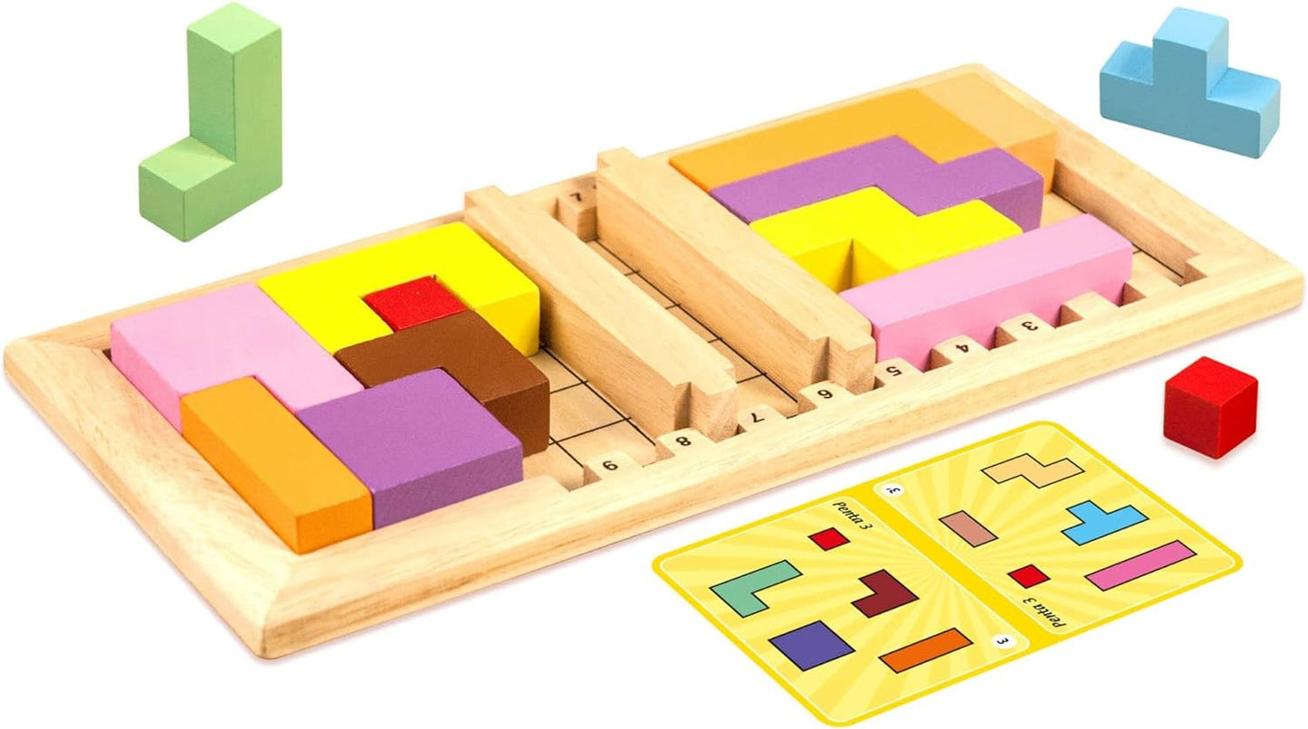 Wooden puzzle toy with colourful blocks on a white background