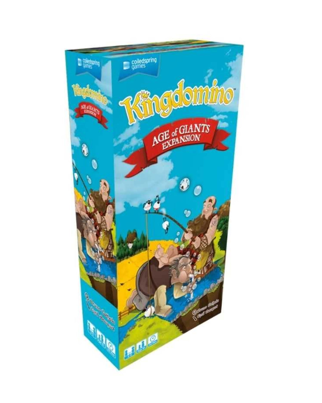 Kingdomino: Age of Giants Expansion product packaging with illustration of giants in a river