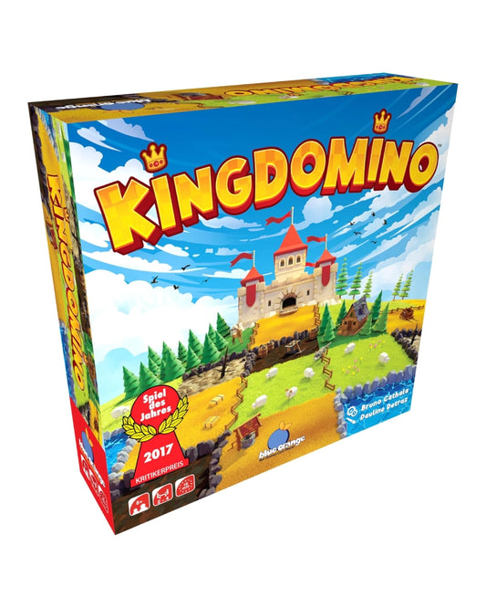 Kingdomino product packaging with a colourful illustration of a castle and farm land.