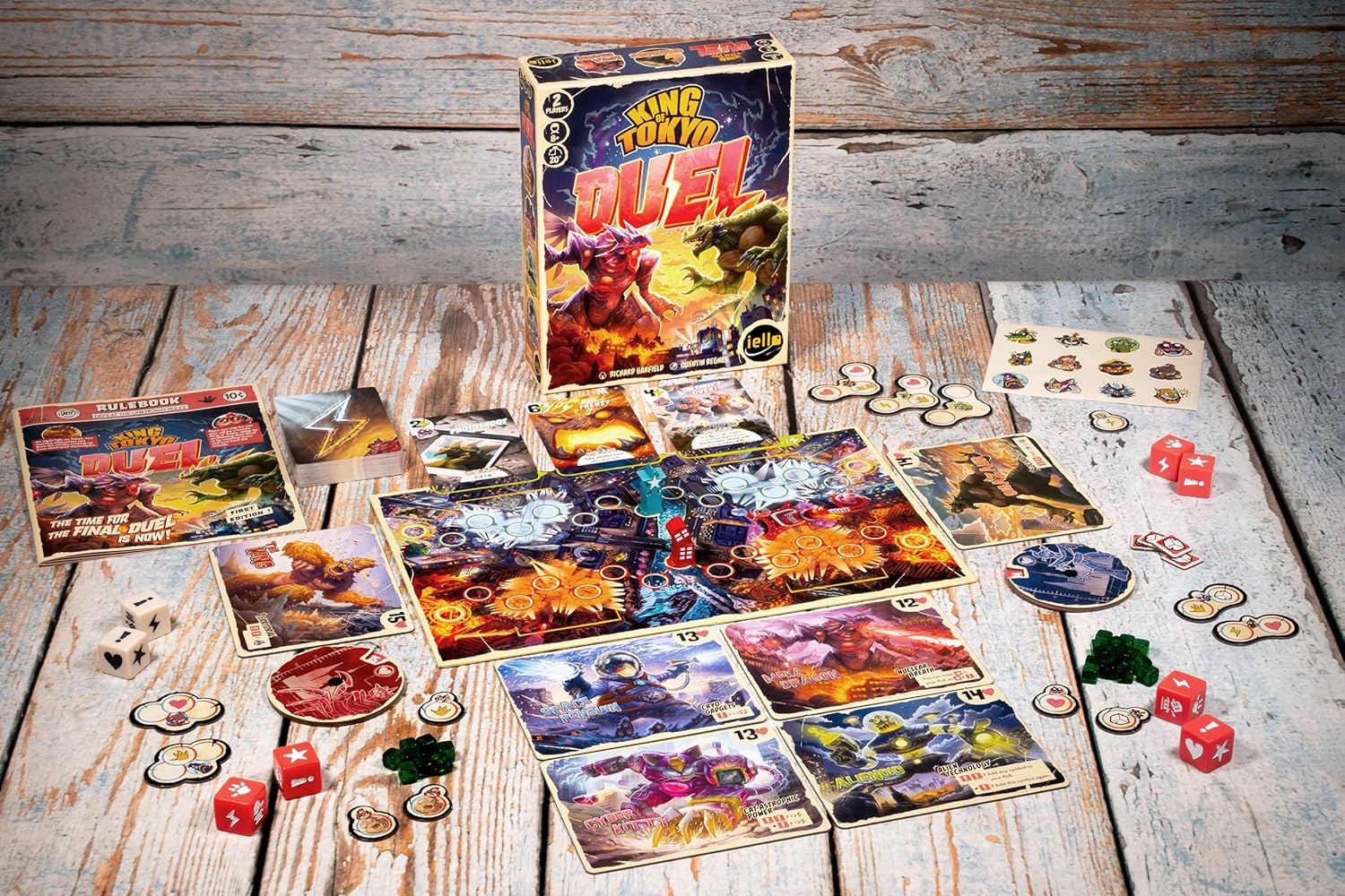 King of Tokyo Duel game components laid out on a table.