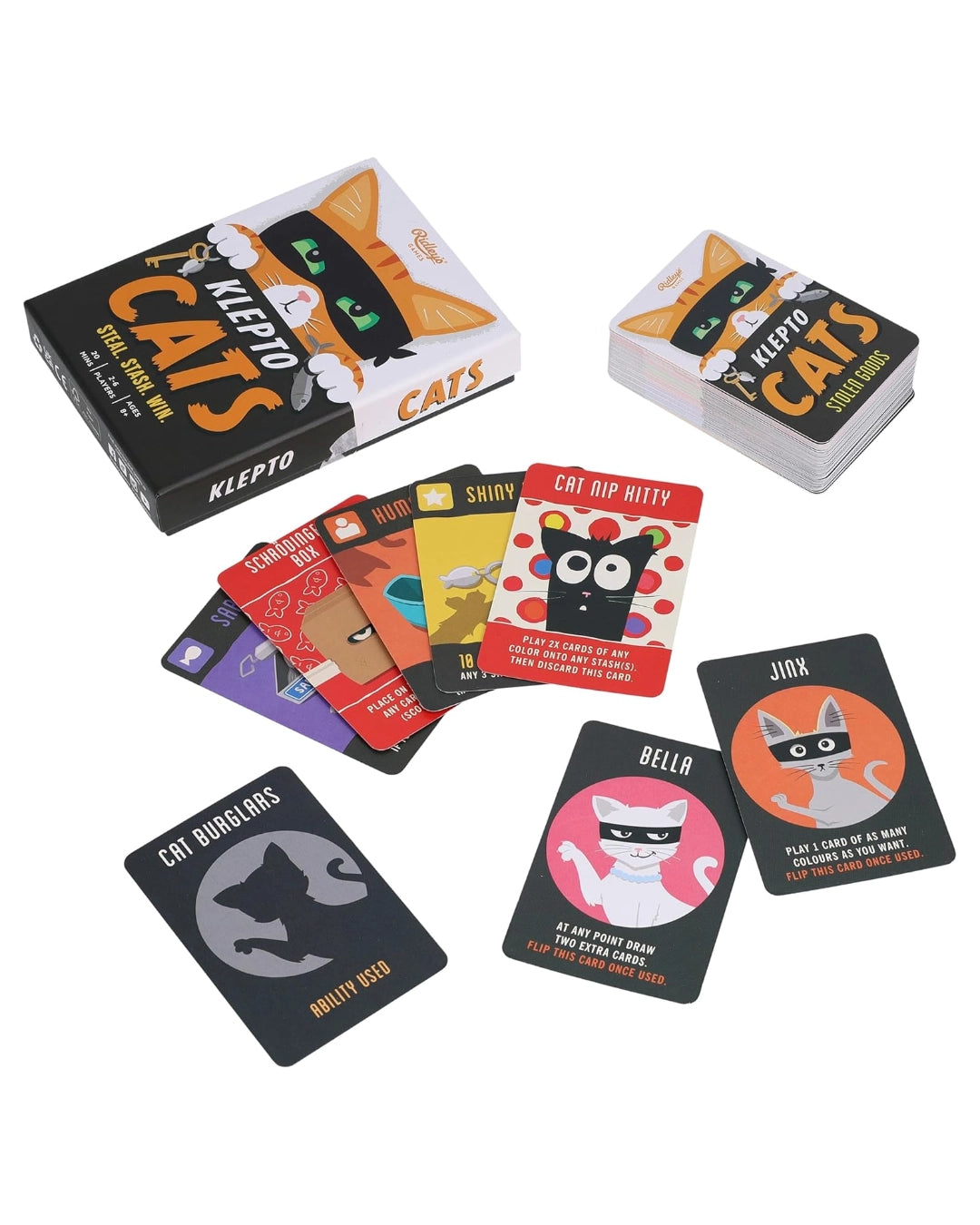 Klepto Cats card game with cards and packaging on a white background