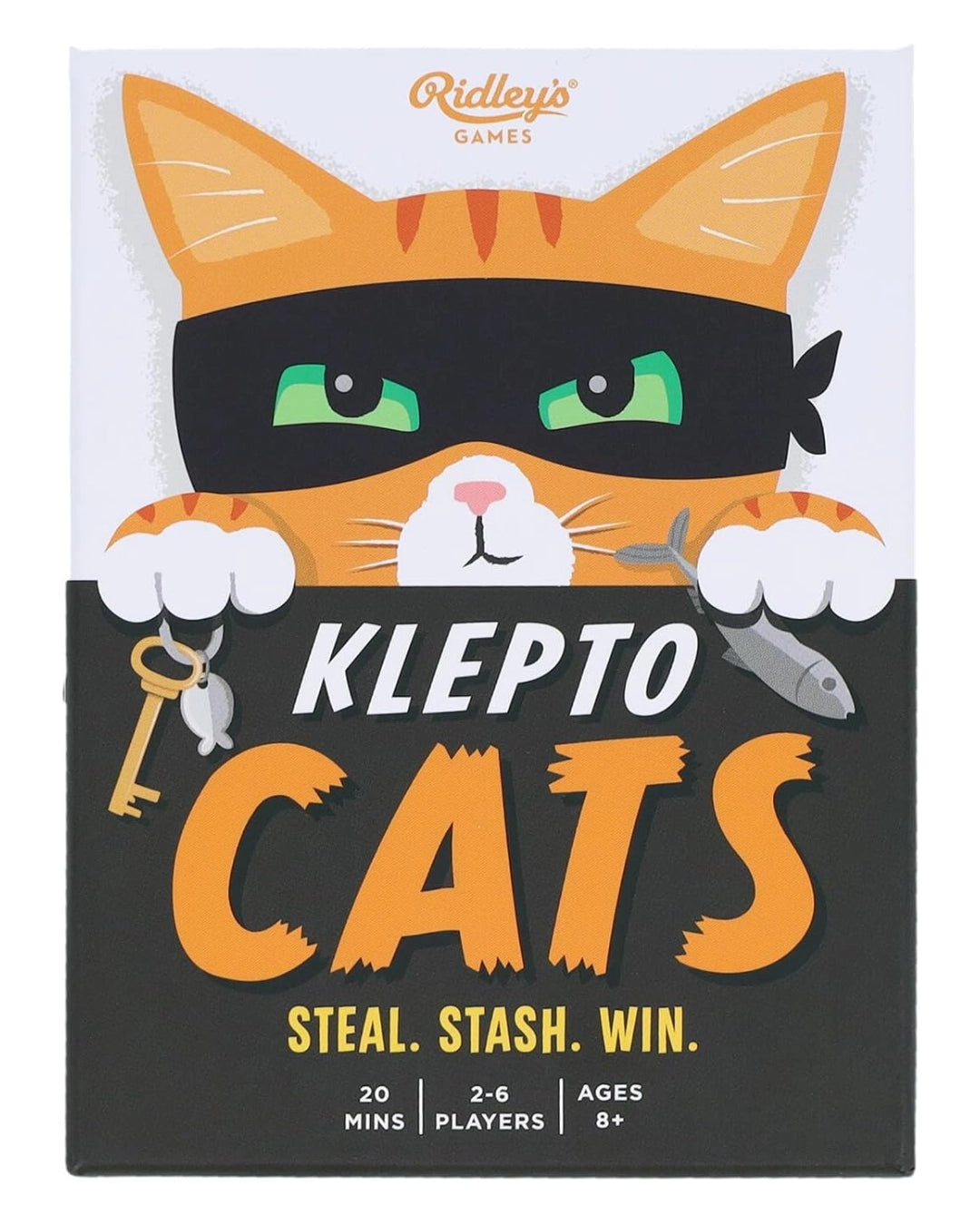 Game box for 'Klepto Cats' with a cat wearing a mask and holding a fish and key.