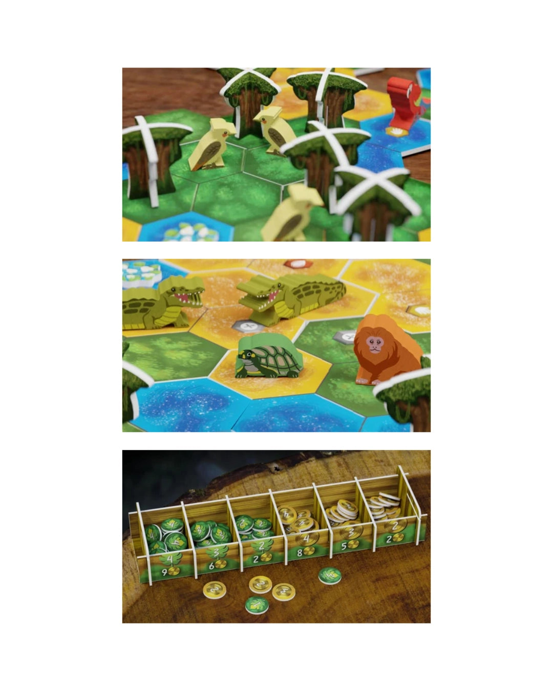 Three stacked close-up views of the Life of the Amazonia board game setup on a wooden table, showing a green forest-themed playmat with trees, blue water tiles, animal pieces, and a divided coin or token storage rack.