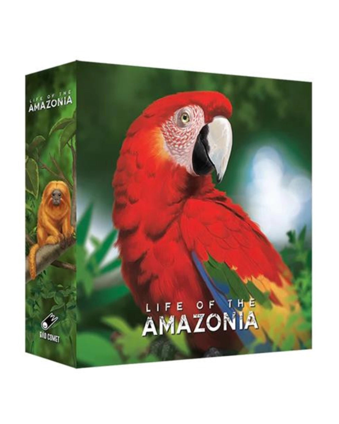 Board game titled "Life of the Amazonia" shown at a slight angle, featuring a vivid red-and-yellow parrot on the front and jungle imagery on the side panel.