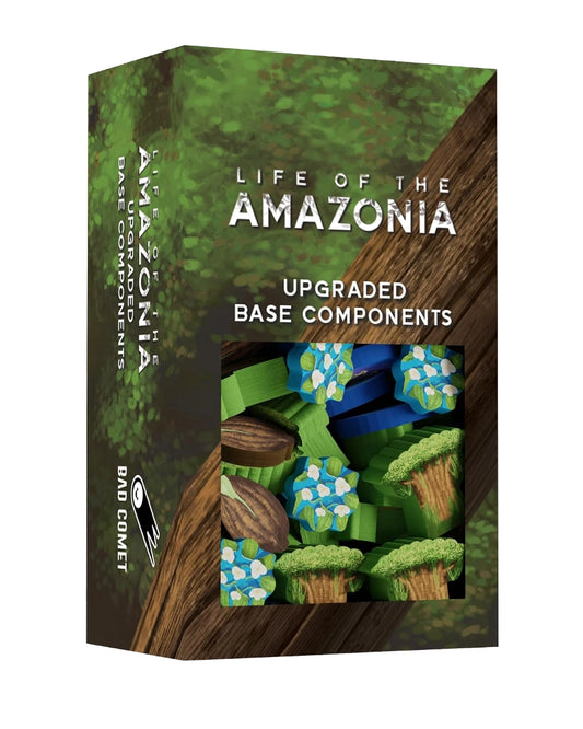 A boxed product titled "Life of the Amazonia: Upgraded Base Components" shown at a slight angle. The box features a green forest-themed design with a large window displaying small game pieces, including blue-and-white patterned items and green tree pieces, set against a plain white background.