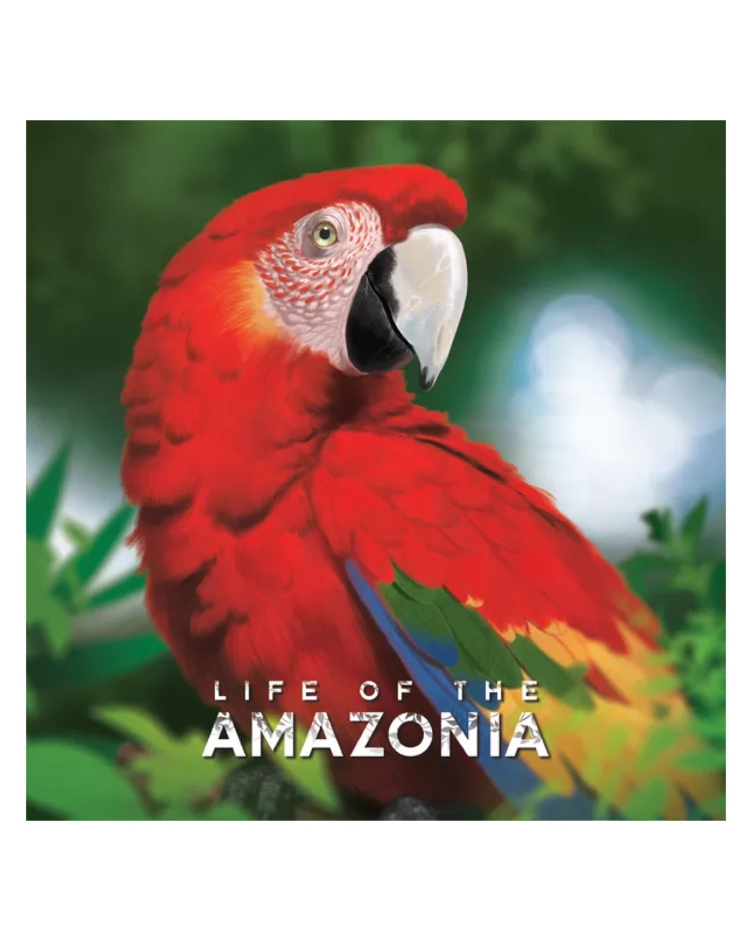 Board game Life of the Amazonia by Bad Comet Games featuring a close-up photograph of a bright red-and-yellow Amazon parrot against a blurred green natural background, with the text 'LIFE OF THE AMAZONIA' at the bottom.