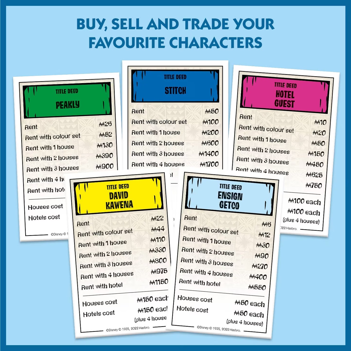 Lilo and Stitch Monopoly board game playing cards