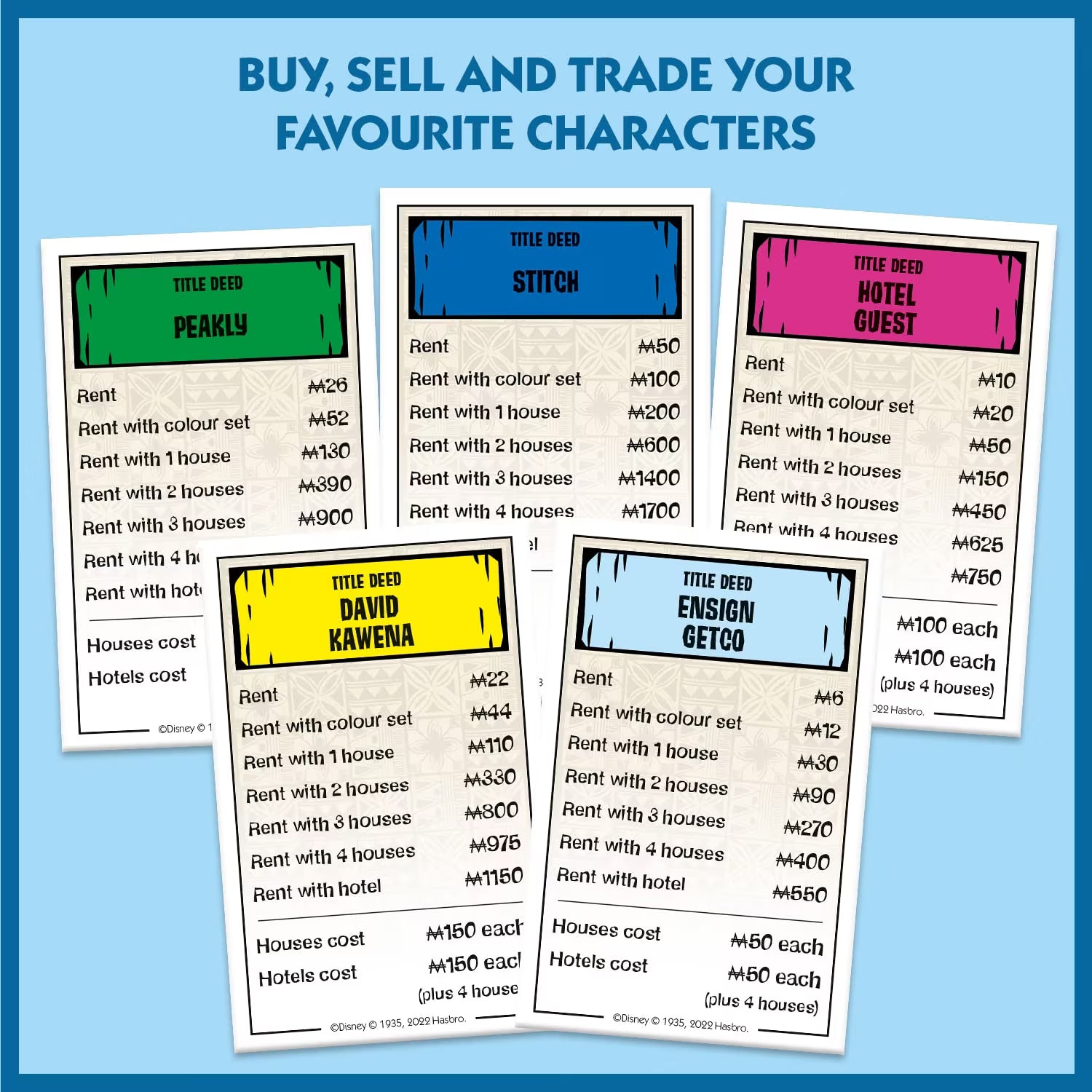 Lilo and Stitch Monopoly board game playing cards