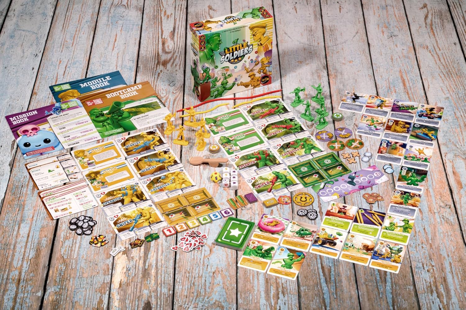 little soldiers board game components, including cards and pieces on a wooden surface