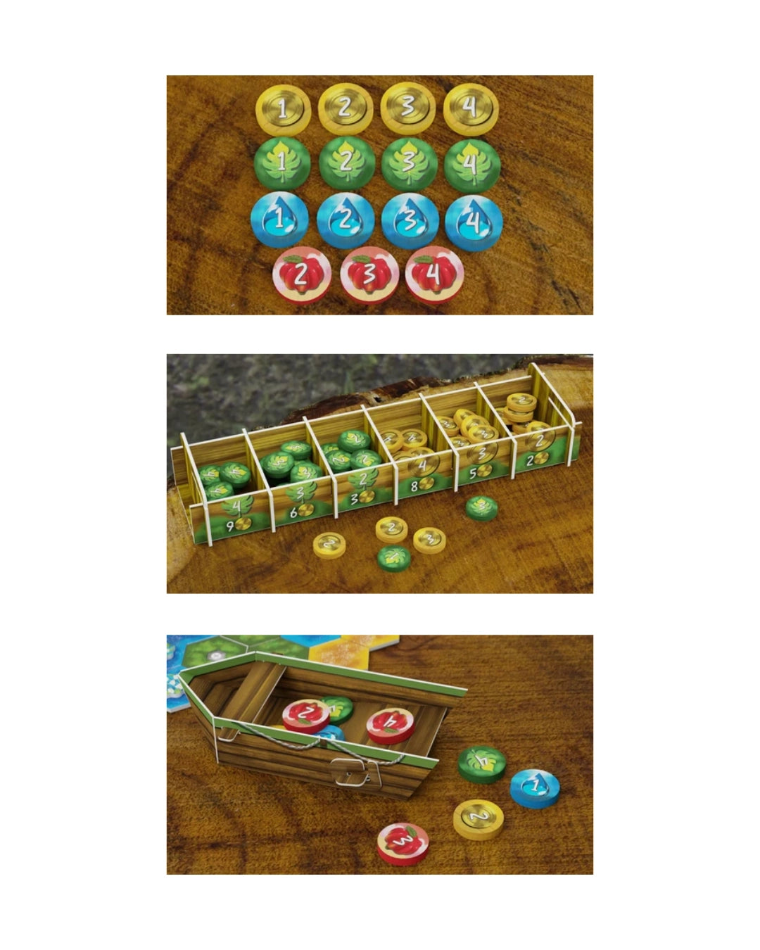 Three-panel close-up of colourful wooden round tokens for Life Of The Amazonia: Upgraded Resource Tokens, a divided wooden storage box, and a small wooden chest on a wood-grain surface.
