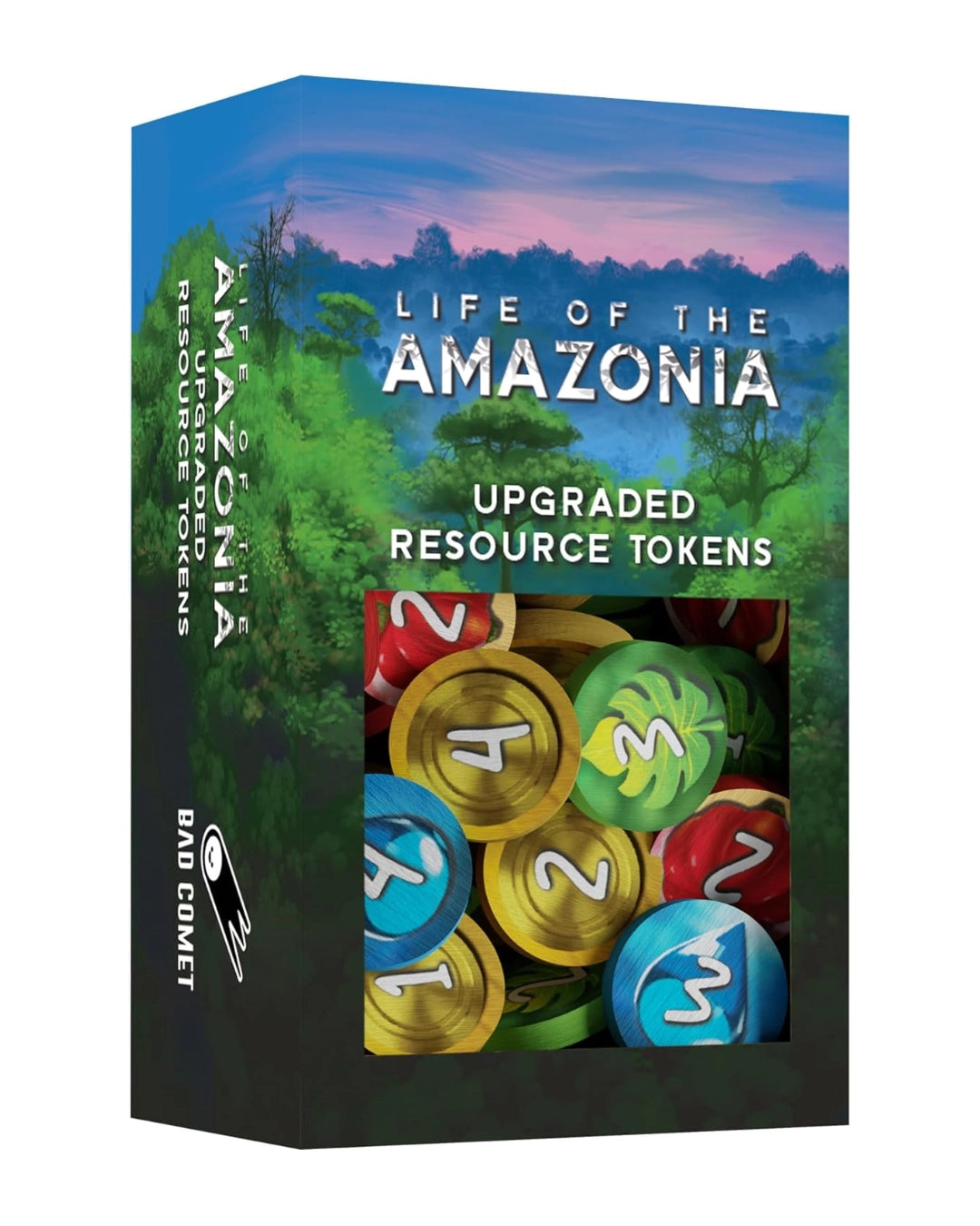 A boxed product labelled 'Life of the Amazonia' and 'Upgraded Resource Tokens' by BiG Commet, shown on a plain white background. The box features a forest landscape illustration with a clear window revealing colourful round token pieces inside.