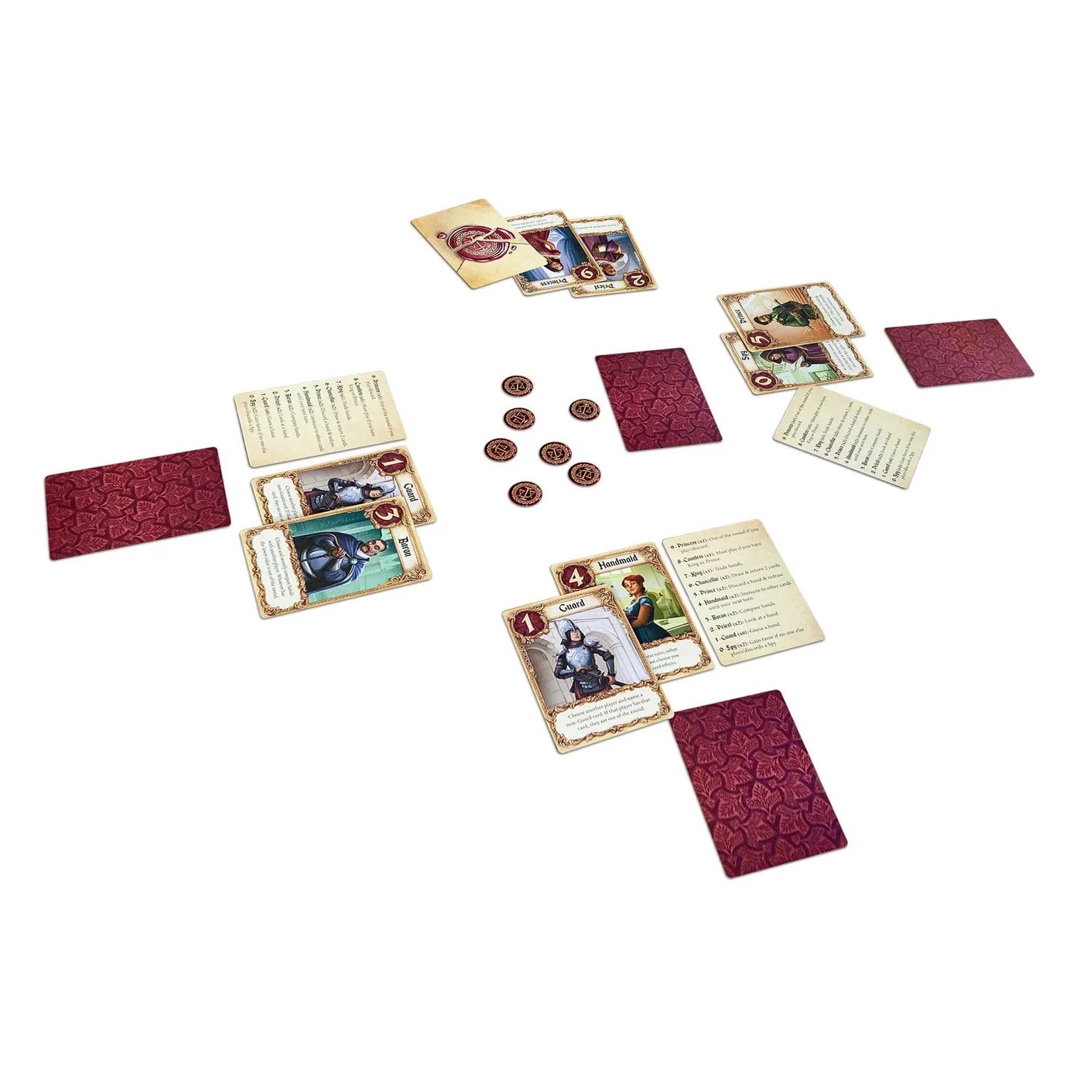 Card game components including cards and tokens on a white background