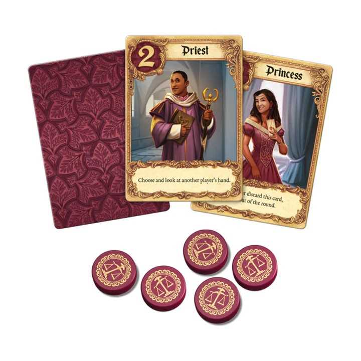 Card game components including cards and tokens on a white background