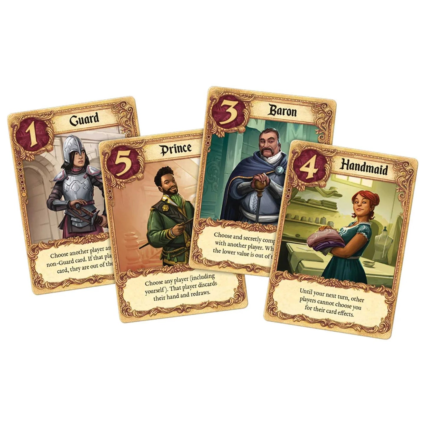 Four game cards featuring characters like a guard, prince, baron, and handmaid on a white background.