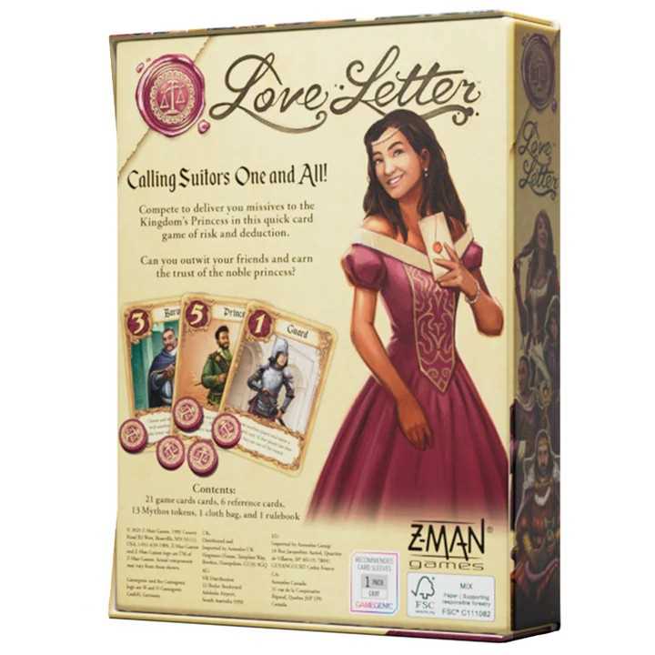 Board game box for 'Love Letter' featuring a princess and game cards on a beige background.