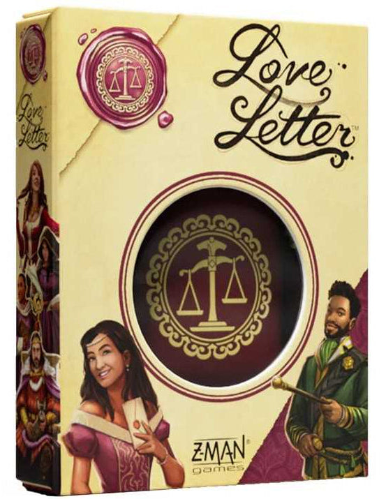 Box of 'Love Letter' board game by ZMan Games with characters and design elements.