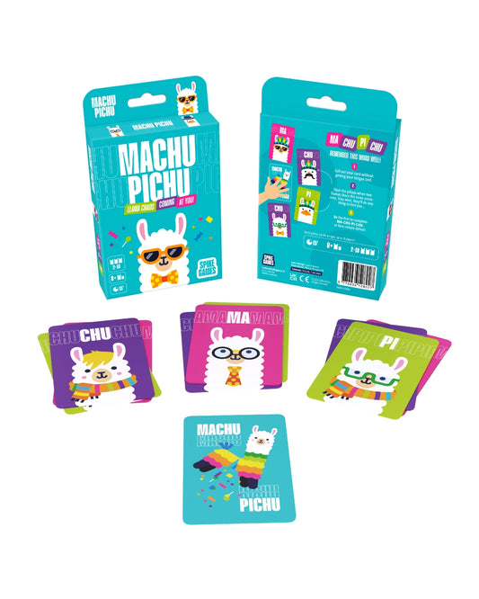 Machu Pichu card game set with turquoise packaging boxes and several colorful llama-themed cards arranged on a white background.