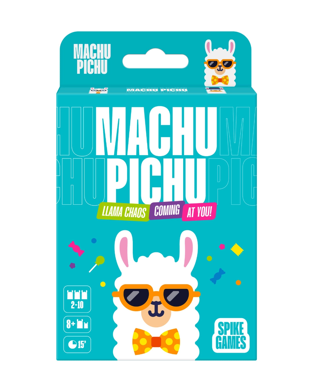 Machu Pichu card game box by Spike Games, featuring a bright turquoise background with a cartoon llama wearing orange sunglasses and a yellow bow tie, plus product text and age icons.