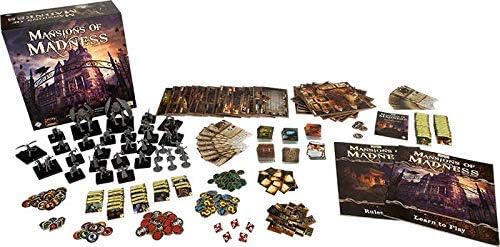 Board game set with 'Mansions of Madness' components on a white background