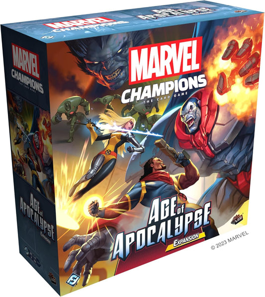 Boxed board game 'Marvel Champions: Age of Apocalypse Campaign Expansion' featuring character art of superhero and supervillain characters from the Marvel universe.