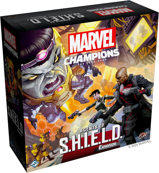 Marvel Champions board game expansion box featuring S.H.I.E.L.D. characters.