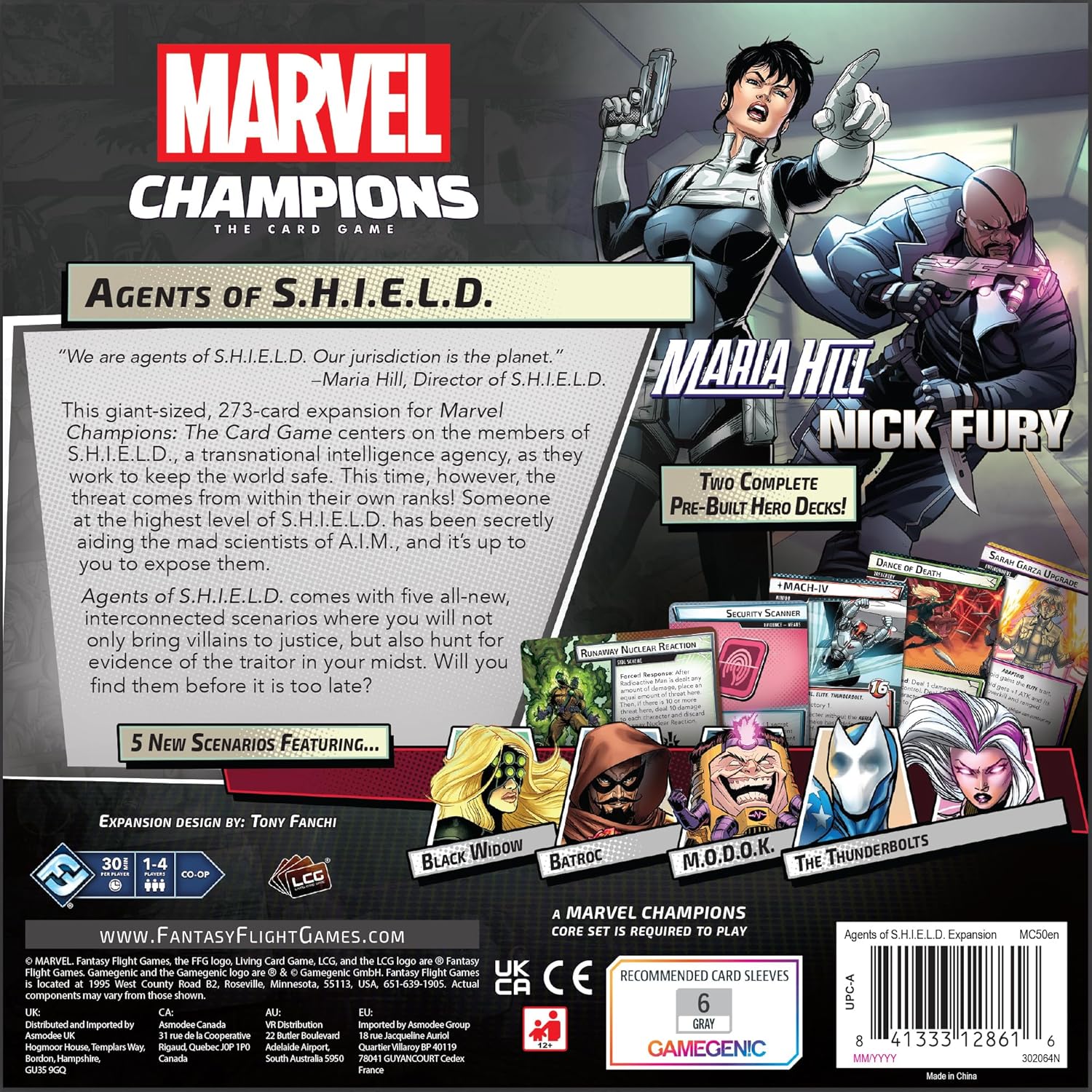 Marvel Champions: Agents of S.H.I.E.L.D. card game expansion packaging with characters and text.